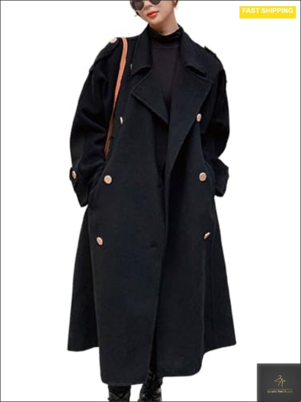 Women's Mid Long Wool Pea Coat Double Breasted Notch Lapel Winter Trench